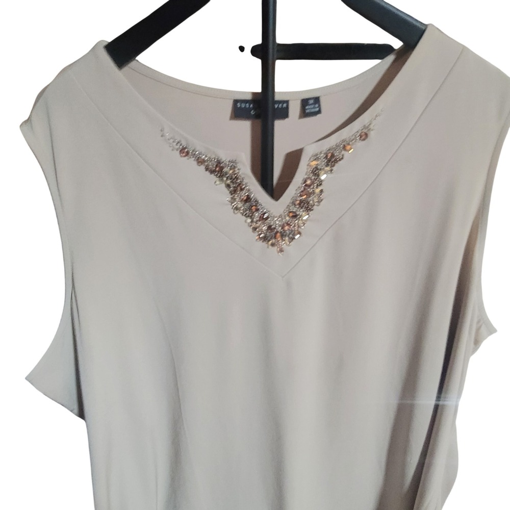 Susan Graver Artisan Tan Liquid Knit Embellished V-Neck‎ Sleeveless Top 3X